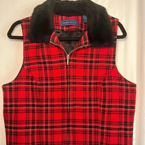 Karen Scott Womens Vest Multicolor Plaid Zip Faux Fur Collar Lined L Wool Blend